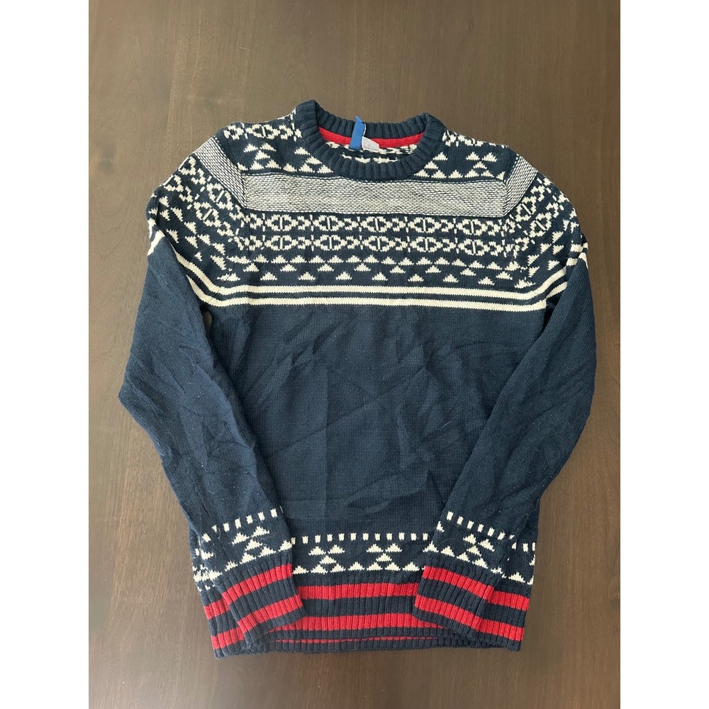 H&M Divided Mens XS Navy Blue Fair Isle Crew Neck Sweater Red Stripe Trim